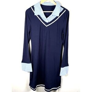 Yozy Midi Dress XL Blue Collar Cuffs Vneck Preppy School Girl‎ Academia y2k